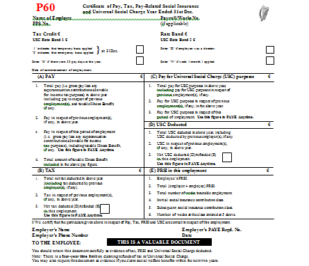 Form P60 Certificate Pay, Tax, PRSI, USC